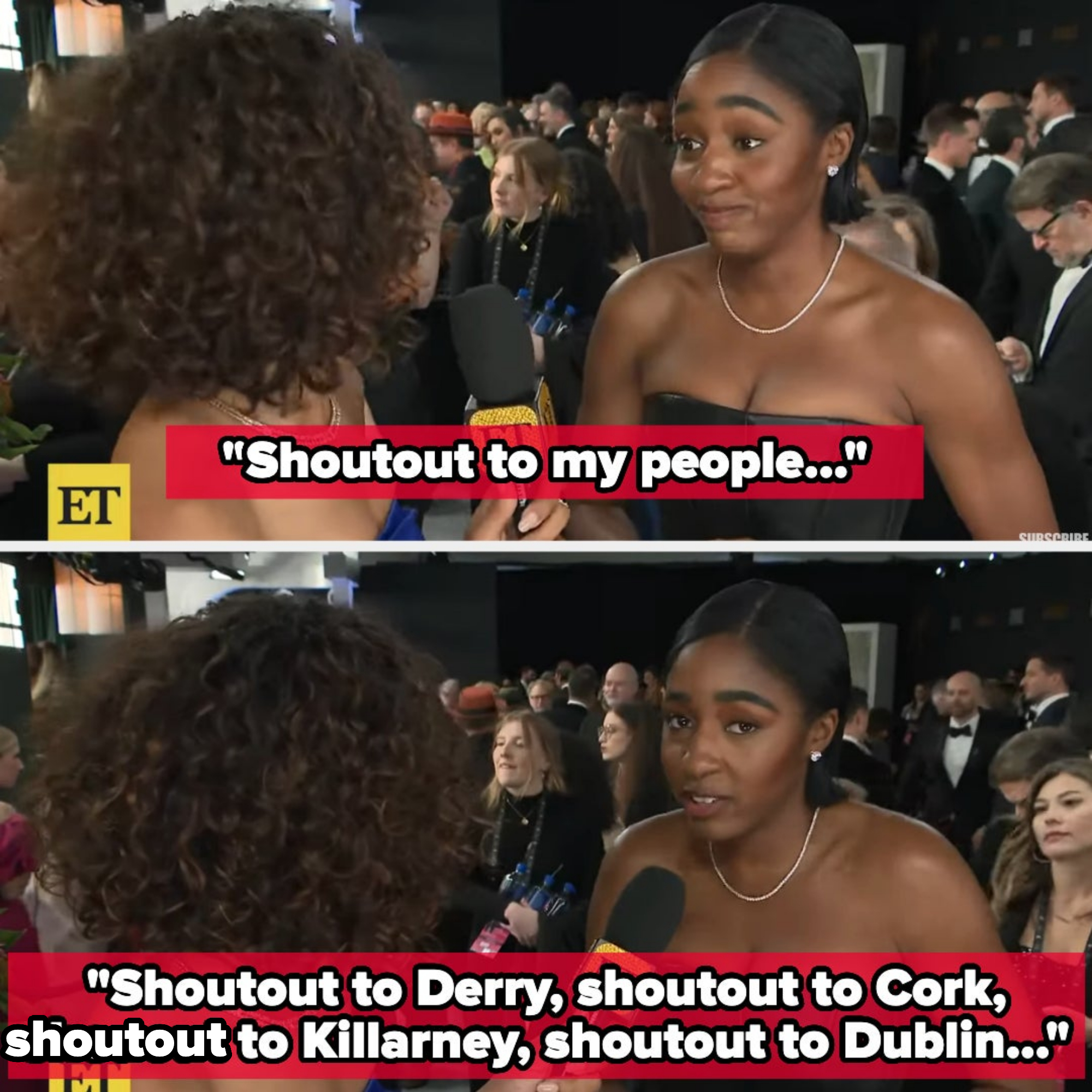 Ayo getting interviewed with captions of her giving shoutouts to Irish locations