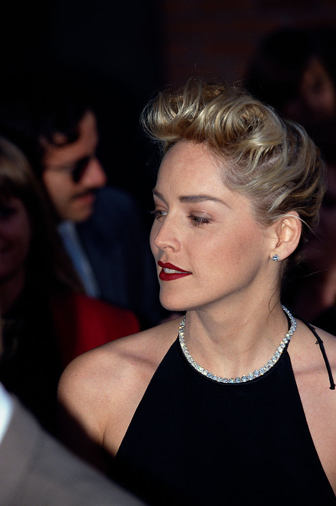 Sharon Stone at an event wearing a sleeveless dress with a diamond necklace