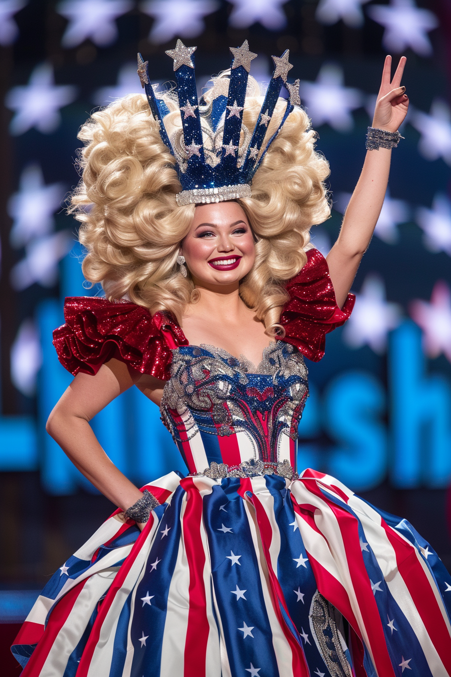 A blonde woman with big hair in a patriotic-themed gown, with stars and stripes, giving a peace sign