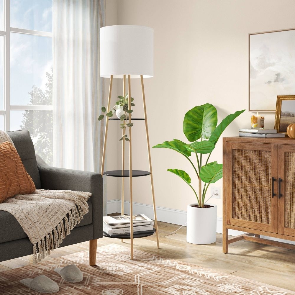 Modern living room with a floor lamp, couch, plant, and wooden cabinet
