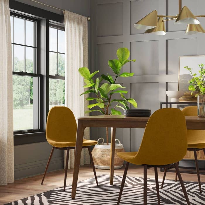 Modern dining room with a wooden table, mustard yellow chairs, and a potted plant
