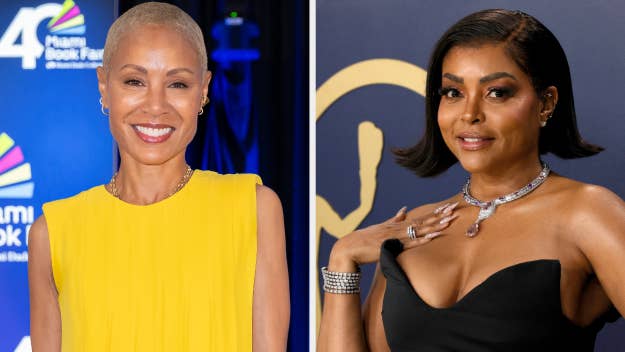 Jada Pinkett Smith in a yellow sleeveless top. Taraji P. Henson in black off-shoulder attire with a necklace