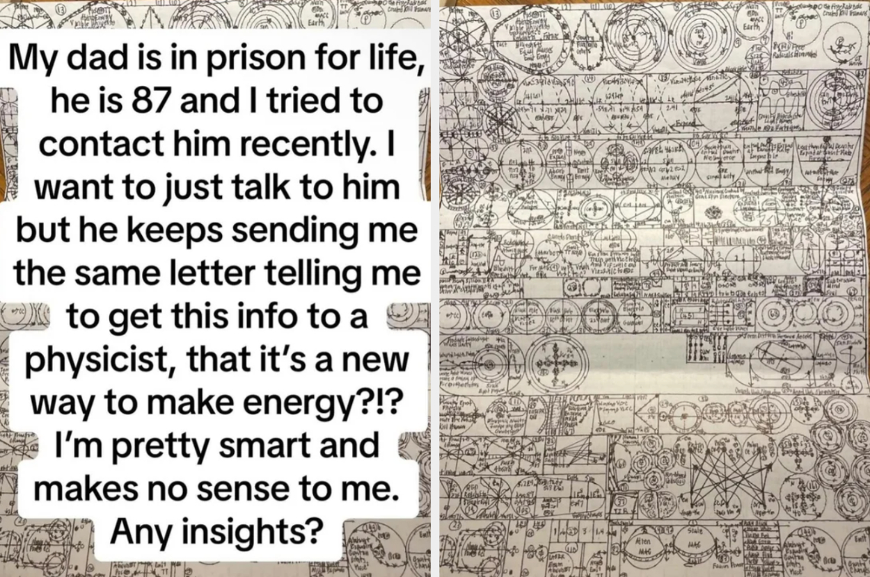 A person shares a letter from their 87-year-old father in prison, who wants him to &quot;get this info to a physicist,&quot; claiming a new way to make energy, and asks for insights regarding a very intricate chart he also sent