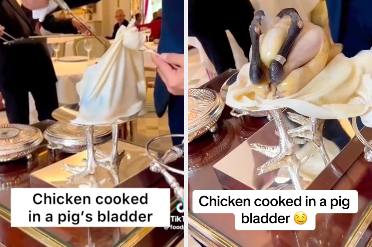 Two images side by side, showing a plated &quot;chicken cooked in a pig&#x27;s bladder,&quot; before and after being cut, served in an upscale dining setting