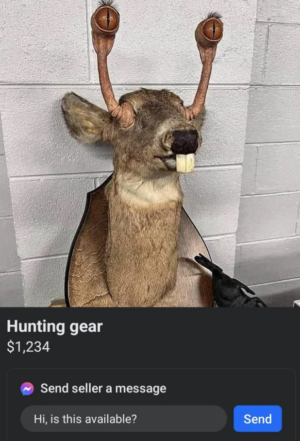 Taxidermy deer with antlers emerging from where its eyes were, and the eyes now attached to the top of the antlers, along with hunting gear, advertised for sale online with a price of $1,234, with option to message seller