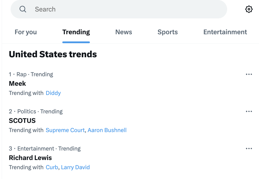 Screen capture of trending topics in the United States including categories: Rap, Politics, and Entertainment
