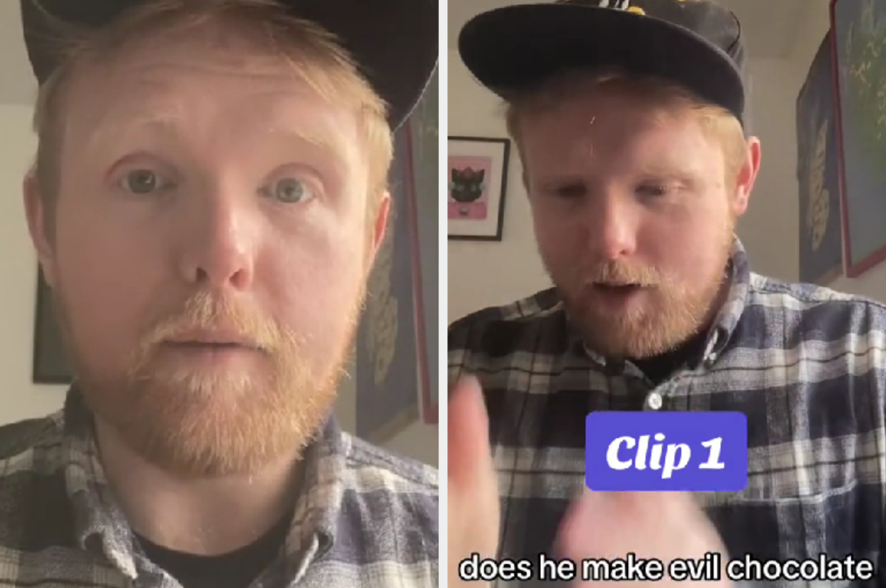 Man with beard in plaid shirt, text overlay &quot;Clip 1&quot; and &quot;does he make evil chocolate&quot;