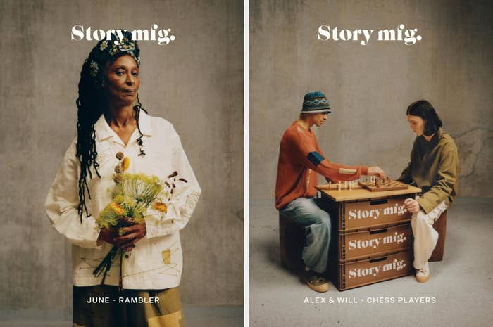 Two promotional images. Left: June holding flowers. Right: Alex &amp; Will playing chess. &quot;Story mig&quot; branding