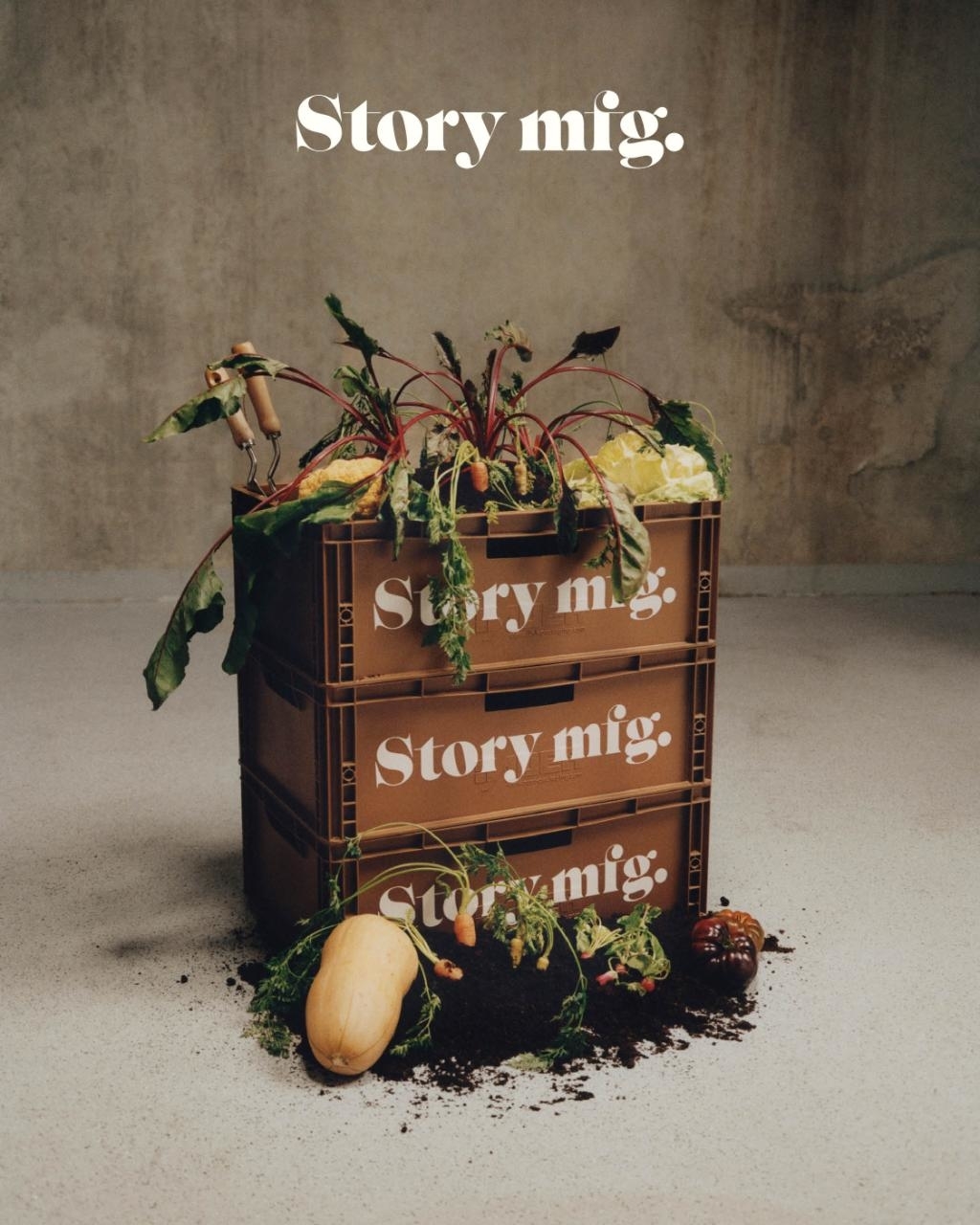 Assorted vegetables spilling out from a stack of wooden crates with &quot;Story mfg.&quot; text overlay