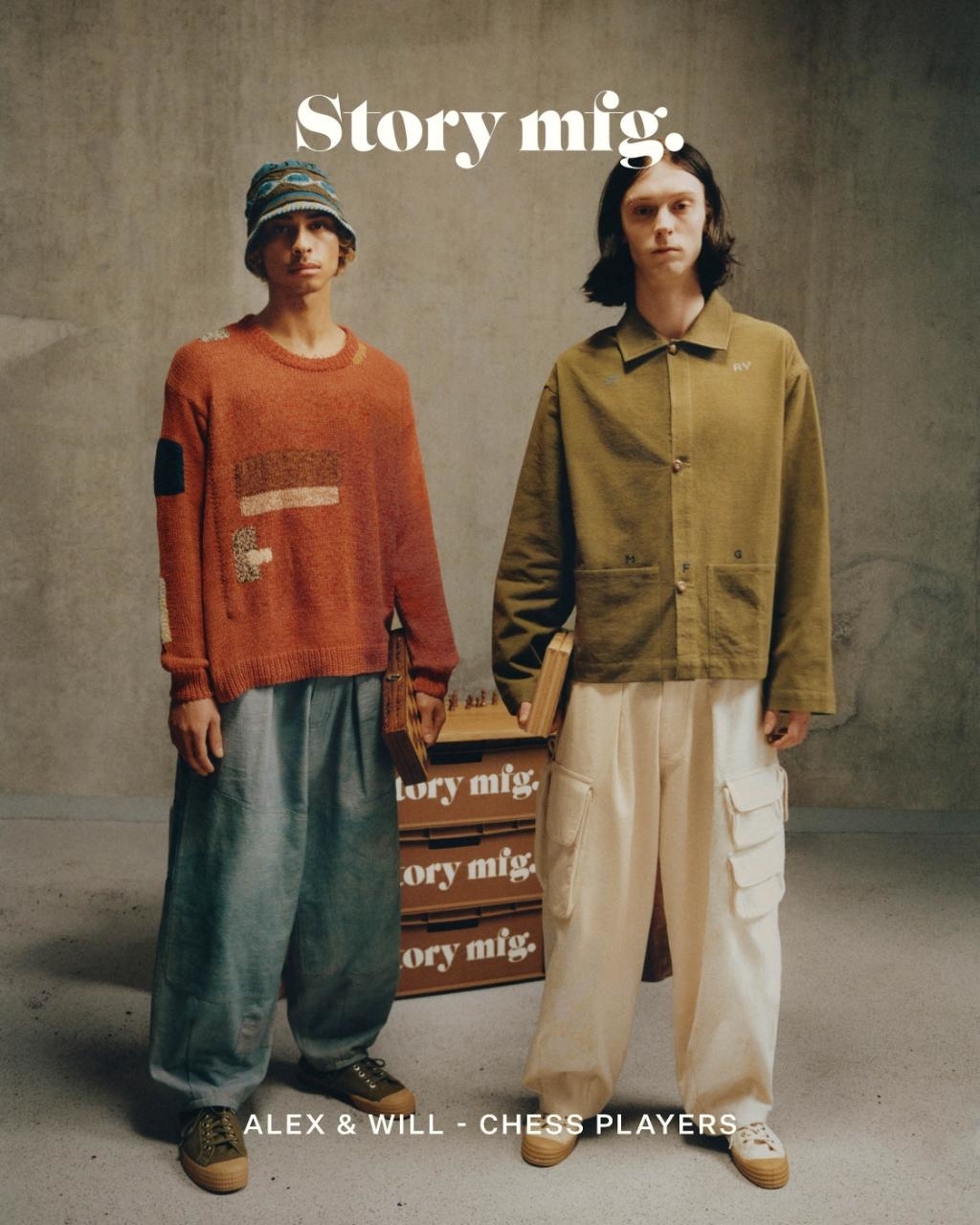 Two models, Alex and Will, posed in casual sweaters and slacks, with a text overlay &quot;Story mfg.&quot;
