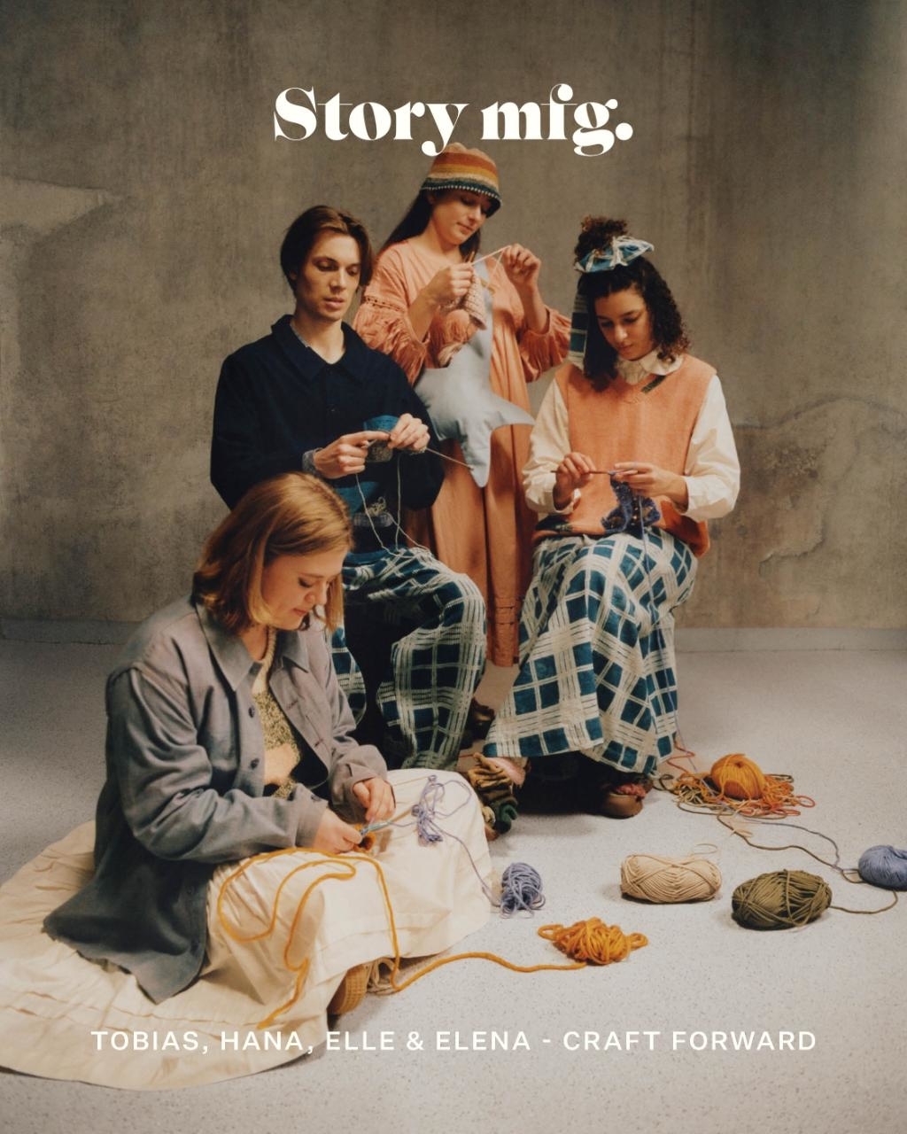 Four people knitting and posing, with text &quot;Story mig. TOBIAS, HANA, ELLE &amp; ELENA - CRAFT FORWARD&quot; above them