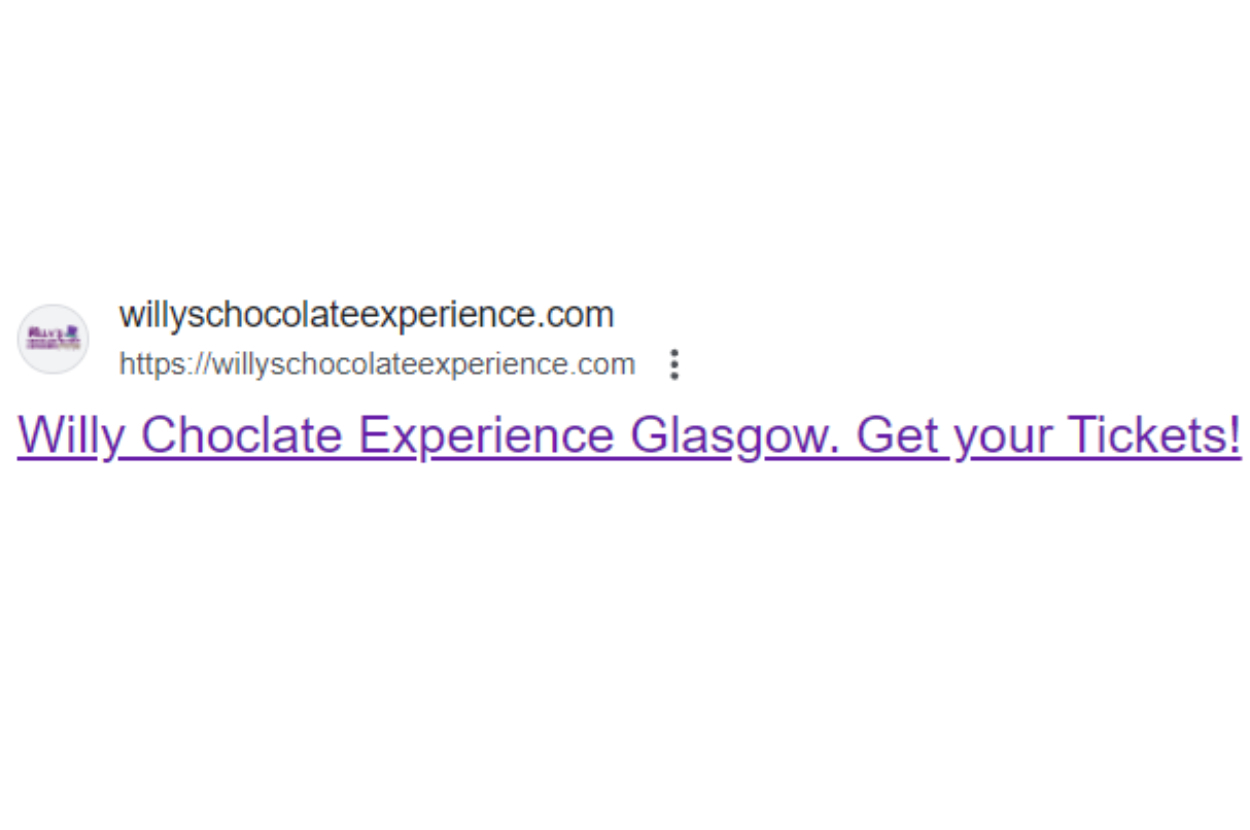Promotional web search result for Willy Chocolate Experience in Glasgow, highlighting the link and invite to get tickets