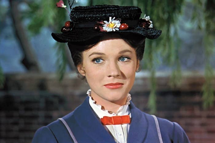Character Mary Poppins in a vintage outfit with a decorative hat and bow tie