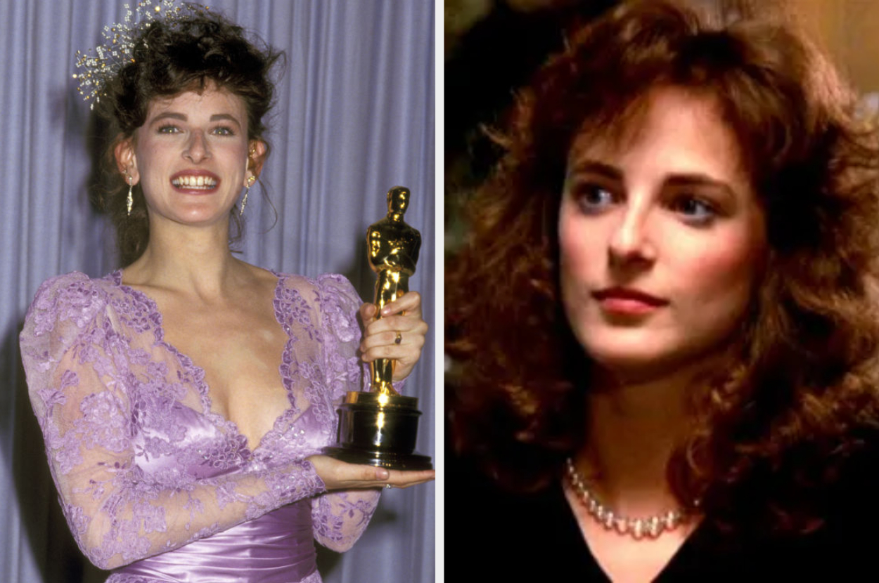 Split image: Left, woman holding an Oscar, in lacy gown; Right, headshot of woman with necklace