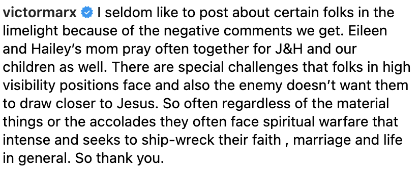 Victor discusses &quot;special challenges that folks in high visibility positions face and also the enemy doesn&#x27;t want them to draw closer to Jesus,&quot; mentioning  that &quot;they often face spiritual warfare&quot; &quot;that seeks to ship-wreck their faith, marriage and life&quot;