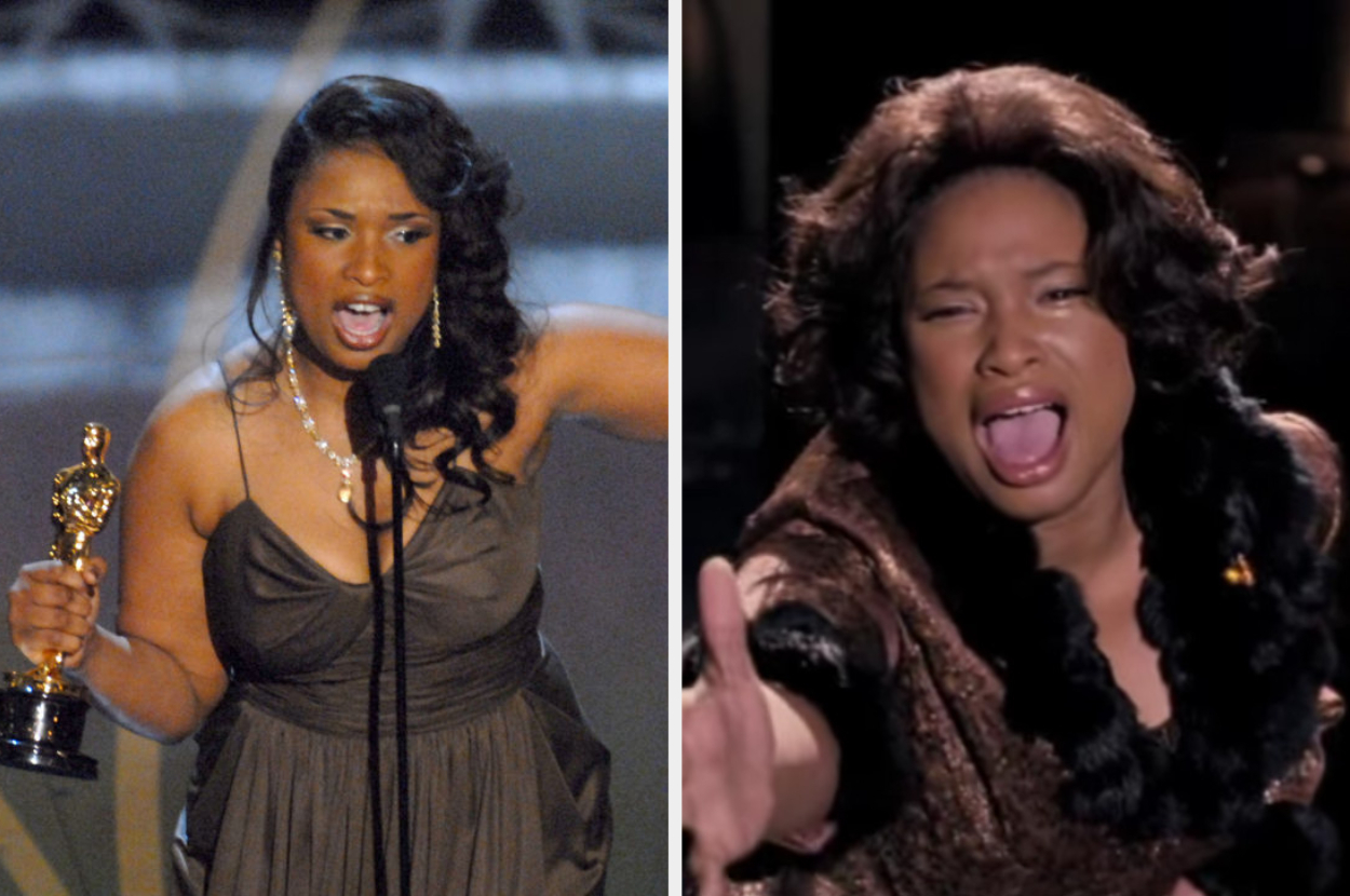 Two images of Jennifer Hudson, left with an Oscar and right portraying a scene, wearing elegant dresses