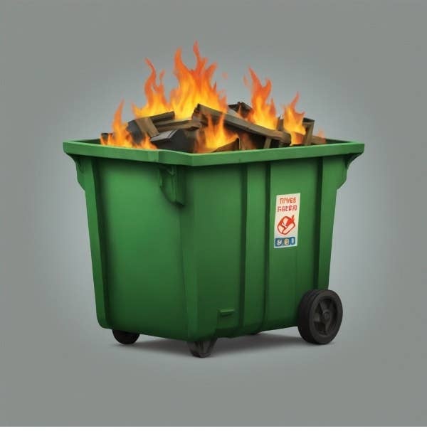 Green dumpster with burning contents, featuring a flammable hazard sign