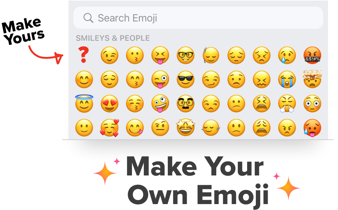 Emoji selection screen displayed with a variety of expressions, highlighted &quot;Make Your Own Emoji&quot; feature