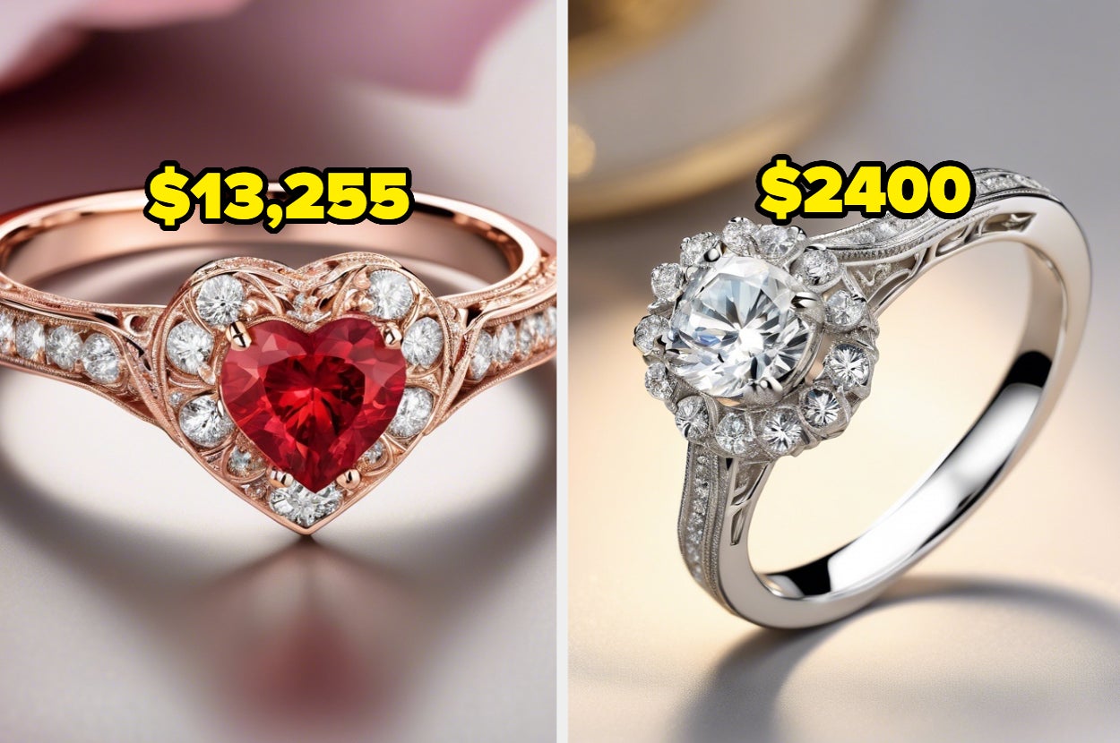 Two separate image of engagement rings: on the left, a ring with diamonds down the side and a heart-shaped stone, next to it a simple band with a round stone