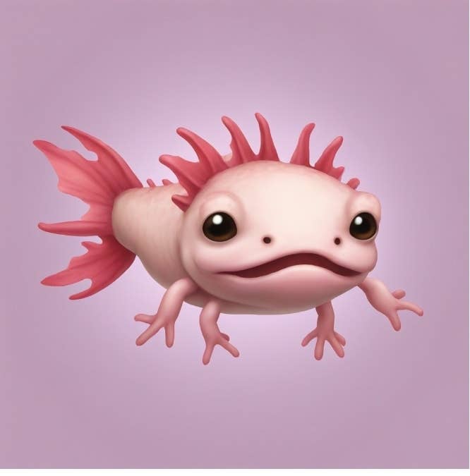 Illustration of an adorable, cartoon-style axolotl with a friendly expression
