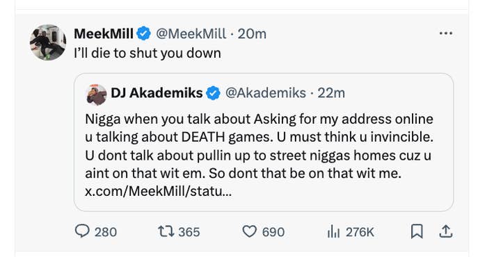 The image shows a Twitter exchange between Meek Mill and DJ Akademiks with Meek Mill responding to a comment