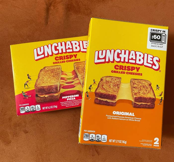 Two Lunchables Crispy Grilled Cheese kits on a table, one original and one pepperoni flavor