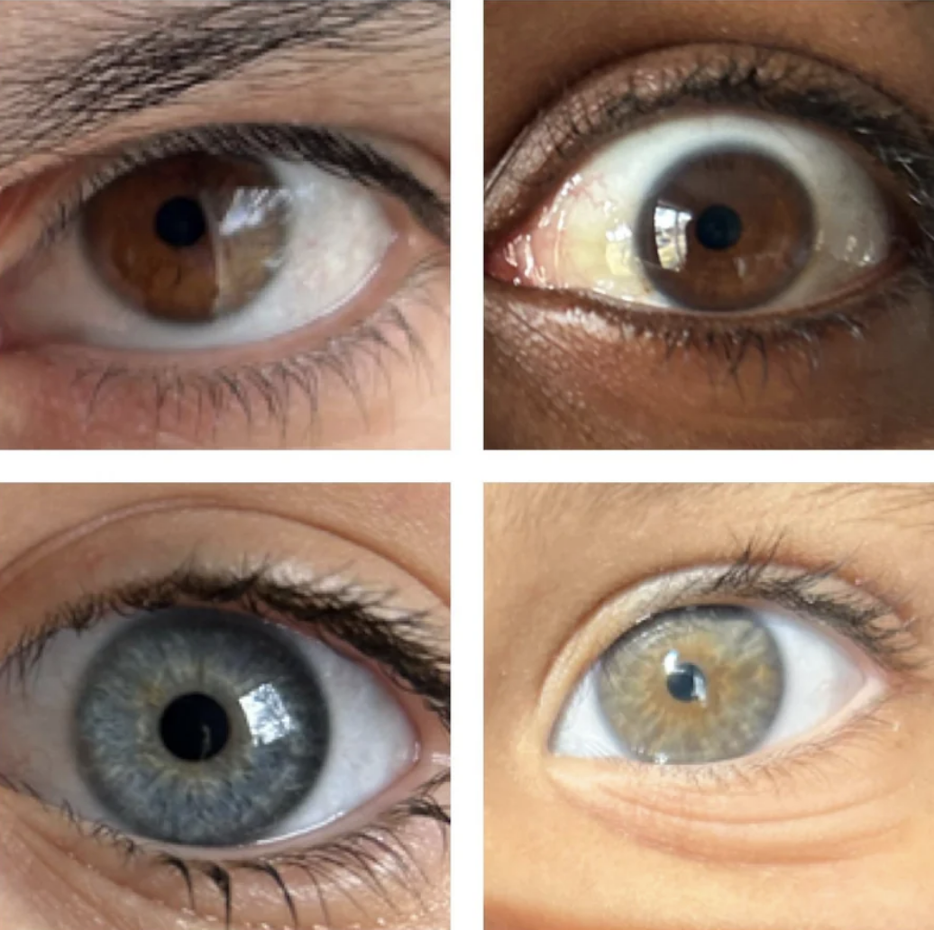 Four close-up images of different human eyes, brown at the top and blue and green at the bottom