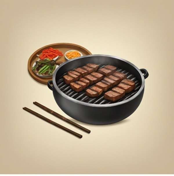 Grilled food model in a pan beside chopsticks and plates of veggies, mimicking a cooking scene