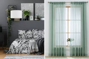 on left: black standing lamp above bed with black and white leaf-print bedding. on right: sheer green curtains in front of window