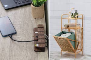 the wooden cord organizer on a desk / the tilt-out bamboo hamper with shelving on top