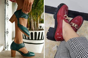 lace-up green heels and red lug-sole loafers