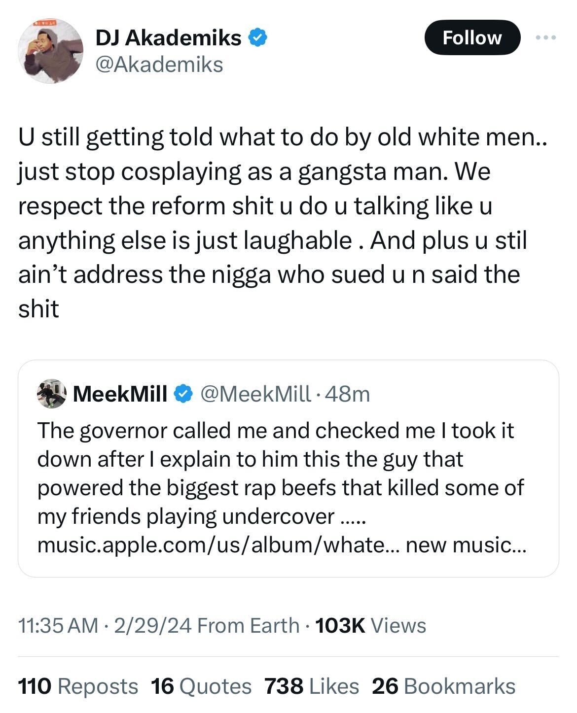 Tweet from Akademiks mocking an older person&#x27;s attempt to understand youth culture and music, with a response tweet from Meek Mill about informing a governor on new music