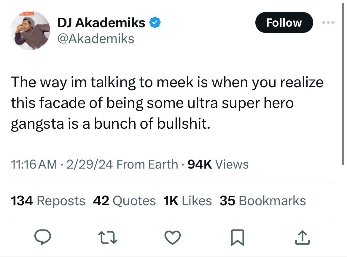 Summarized tweet by DJ Akademiks poking fun at someone pretending to be a superhero gangsta, gaining significant engagement