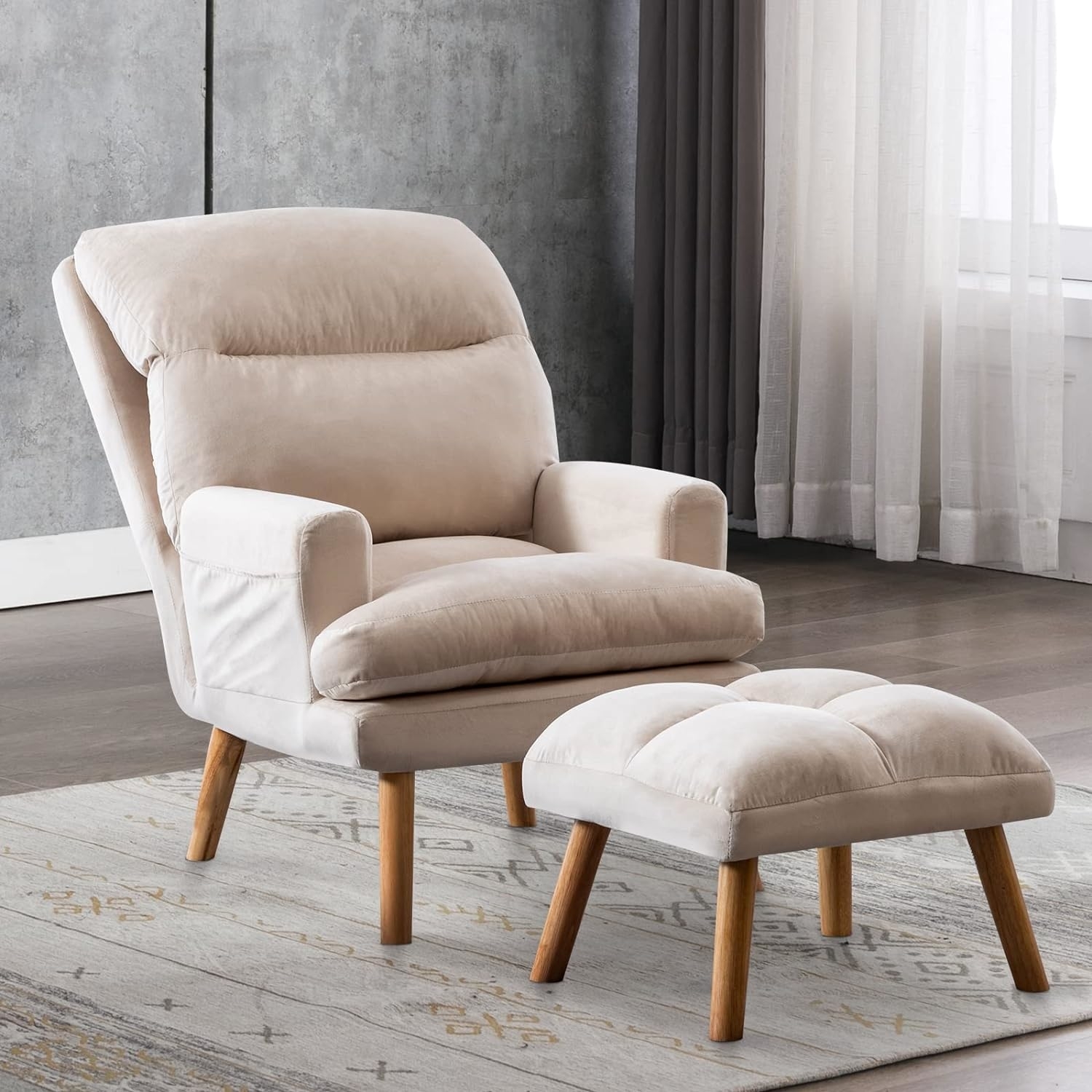Armchair with matching ottoman in a modern living room setting for shopping