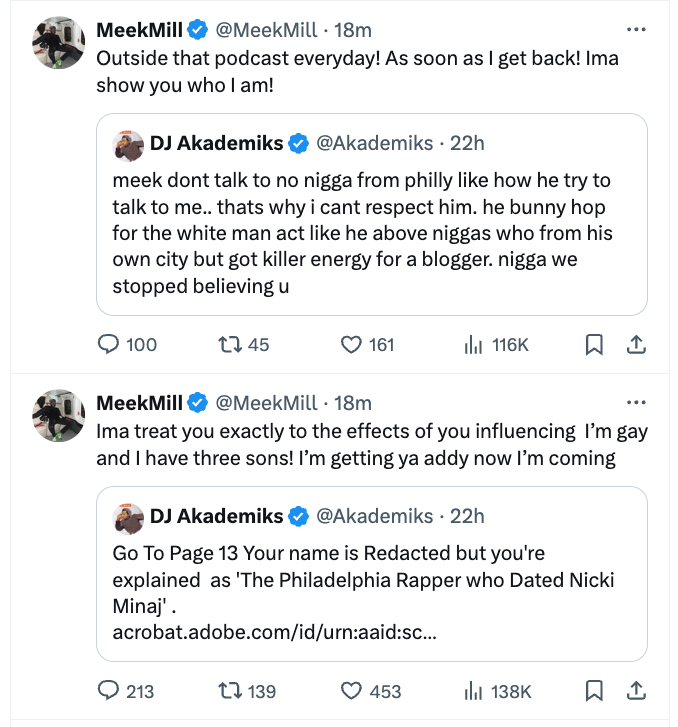 The image shows a series of tweets between Meek Mill and DJ Akademiks discussing a past relationship and personal influences