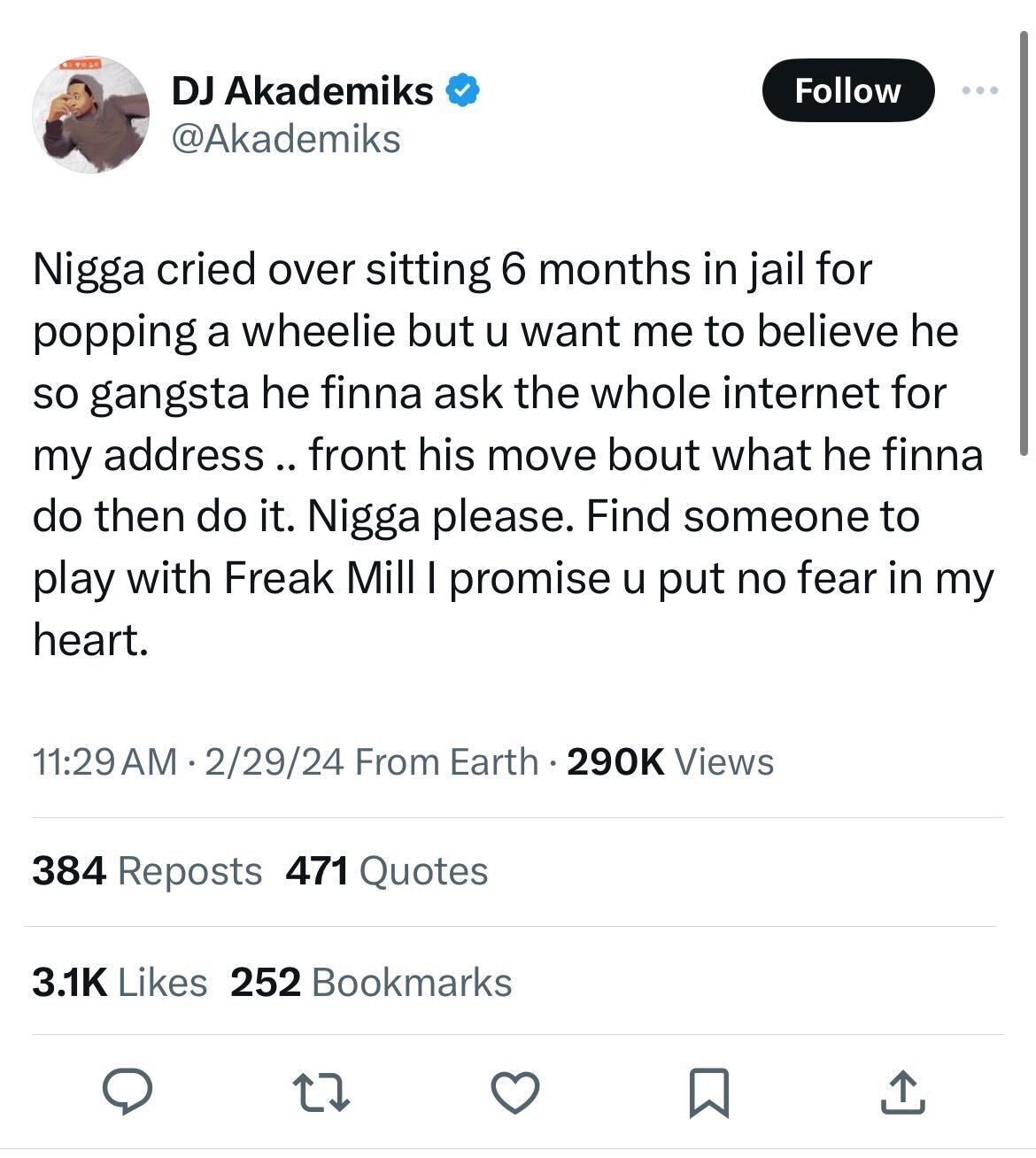 Screenshot of a tweet from DJ Akademiks discussing someone&#x27;s reaction to a six-month jail sentence and internet critics