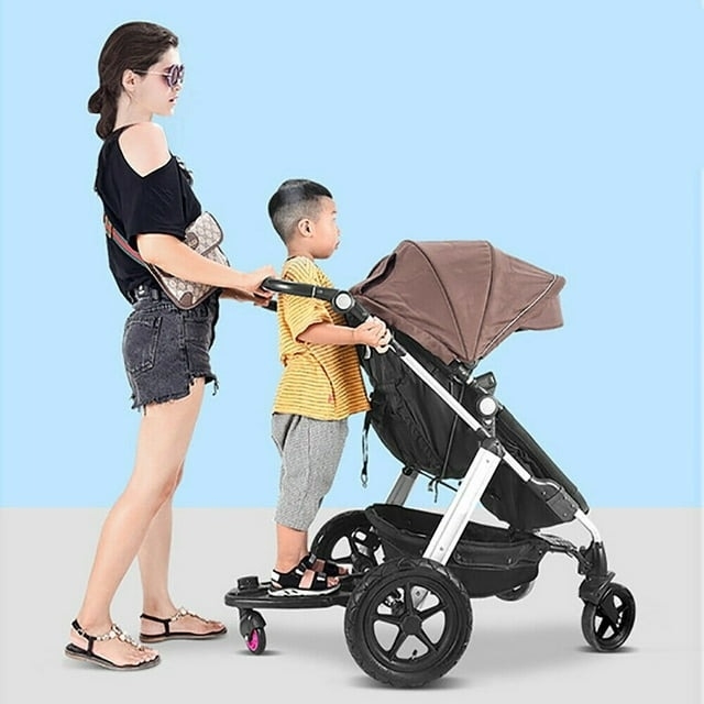 Woman with stroller designed for infant and standing child; both in casual wear. Ideal for family shopping trips