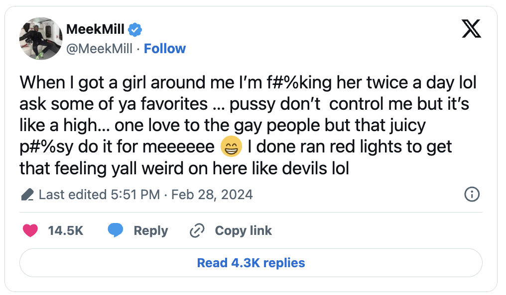 Tweet from MeekMill making a bold statement about his romantic life, eliciting many responses and likes