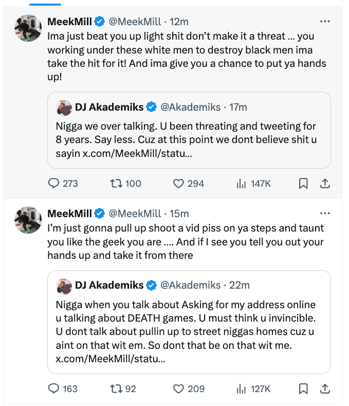 The image contains a series of fictional tweets from a heated exchange between two users, DJ Akademiks and Meek Mill, showing a public disagreement