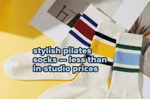White socks with thin and thick stripes around the ankle in various colors