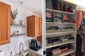 on left: faux peel-and-stick tile on kitchen wall, on right: shelf dividers with folded clothes in closet
