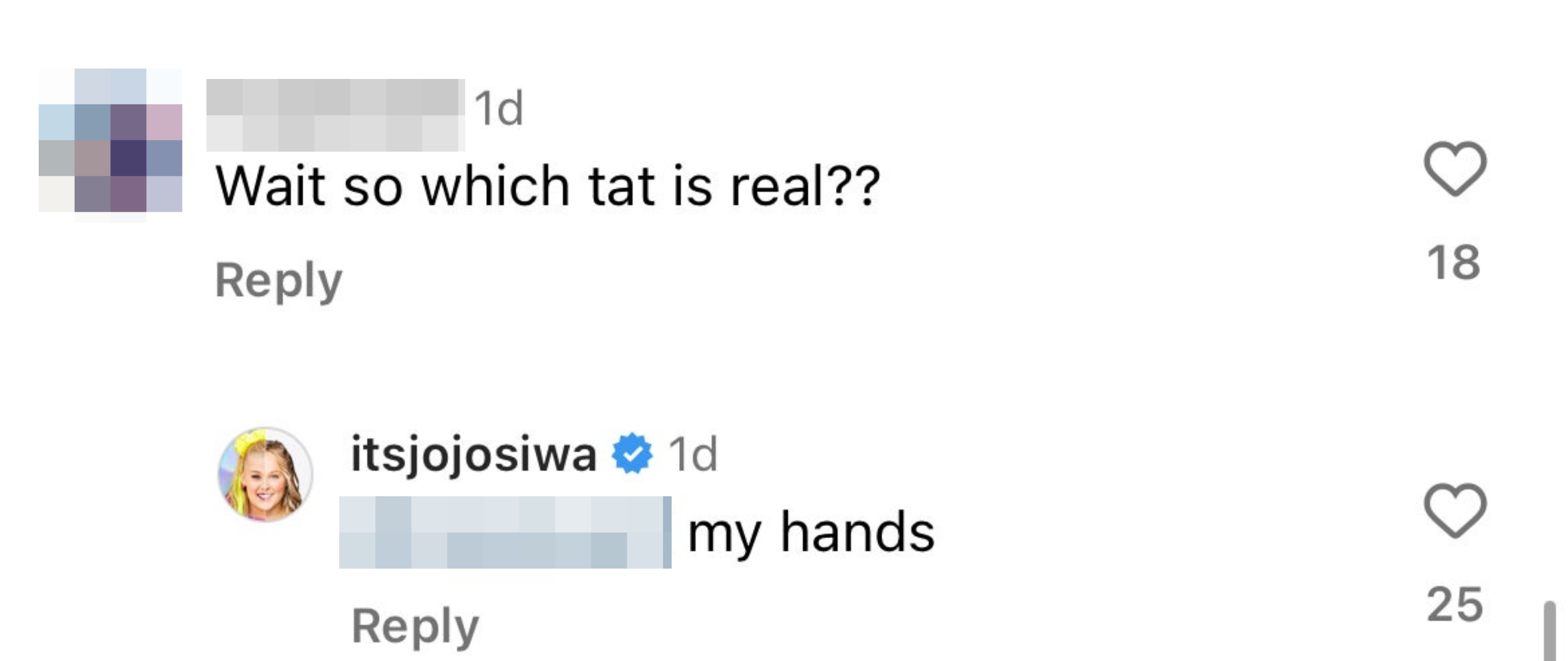 Social media screenshot: User asks which tattoo is real; JoJo Siwa responds, &quot;my hands&quot;