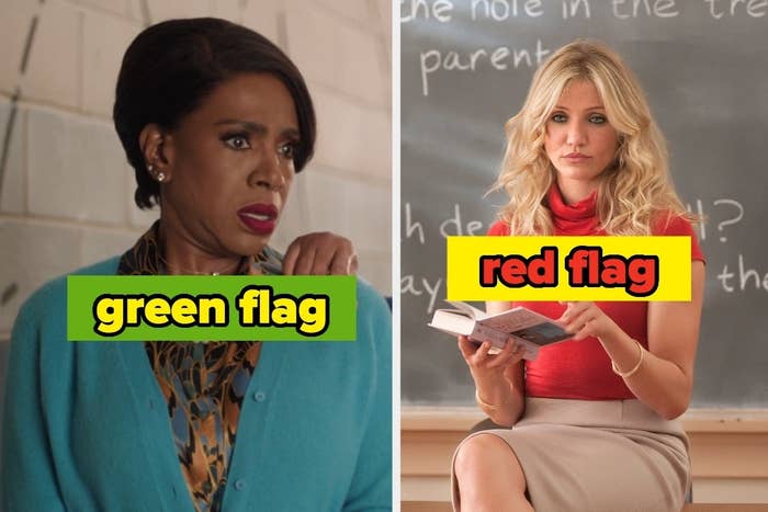 This image shows a split scene with two women teaching, one with a green sign saying &quot;green flag&quot; and the other holding a book with a red sign &quot;red flag&quot;