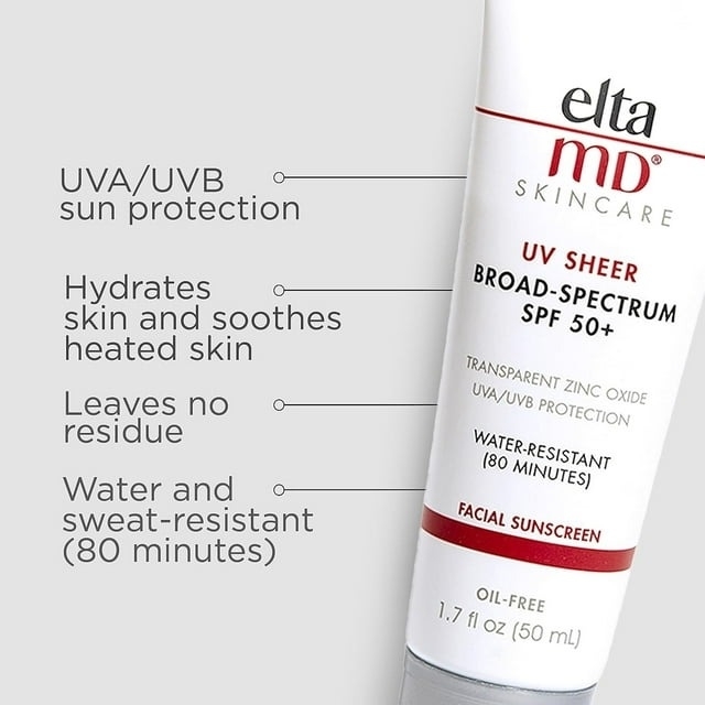 EltaMD skincare sunscreen bottle highlighting UV protection, hydration, residue-free, and water resistance features