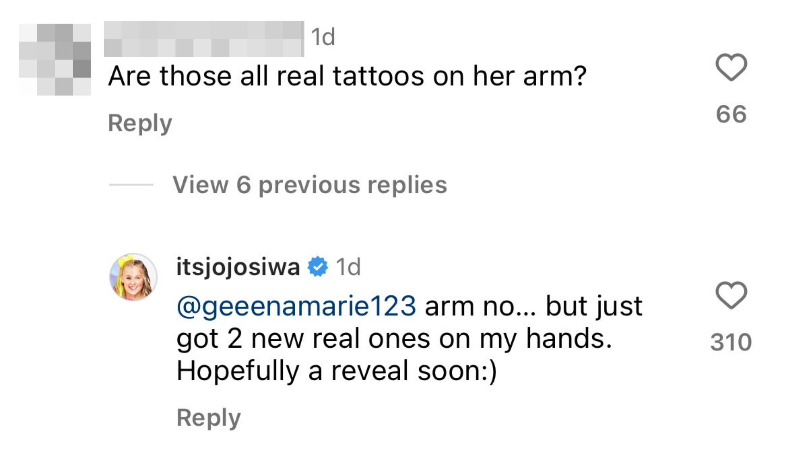 Comment thread where a user asks if tattoos on an arm are real and JoJo clarifies only the hand tattoos are real