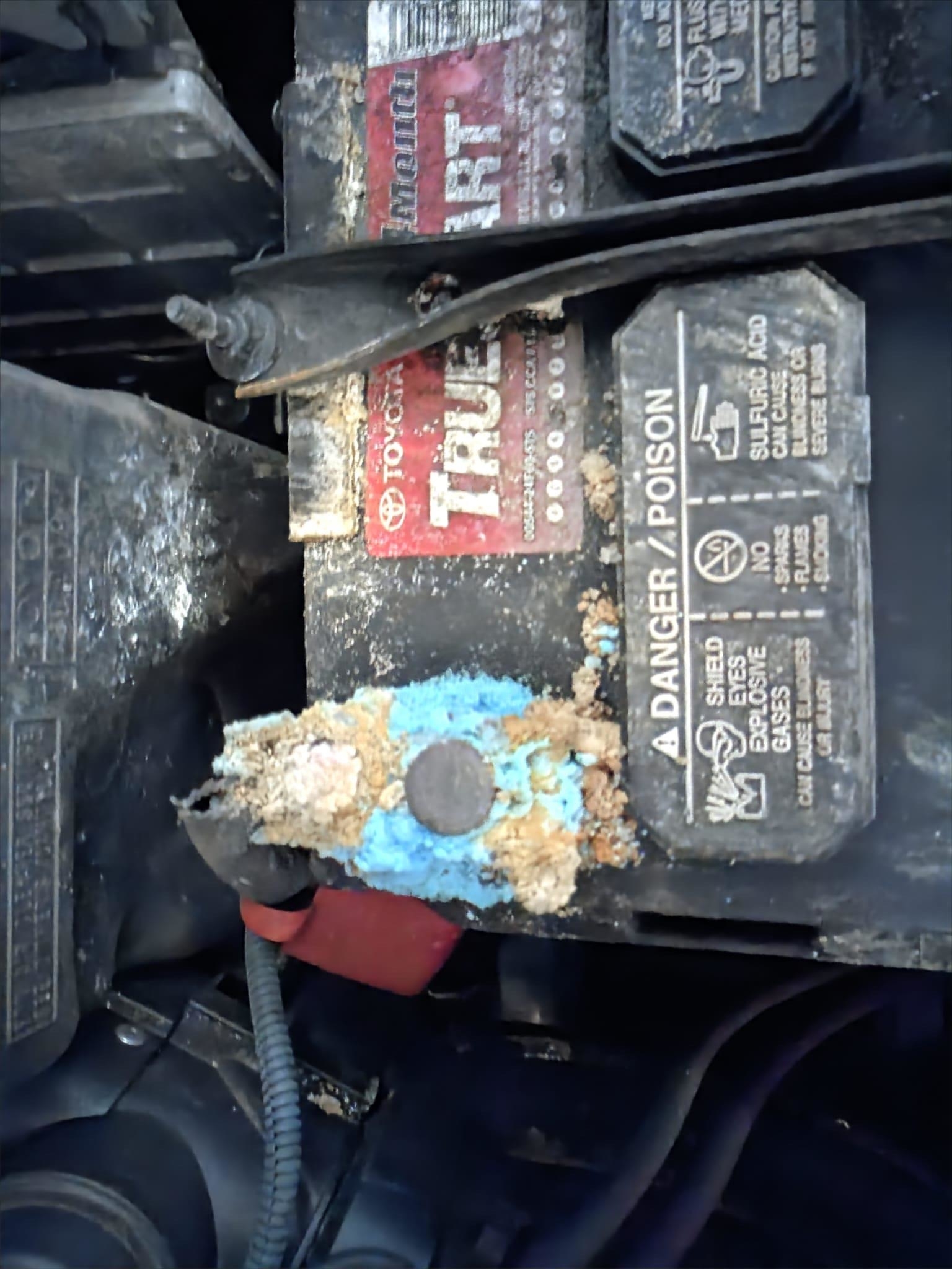 Car battery with significant corrosion on the terminal