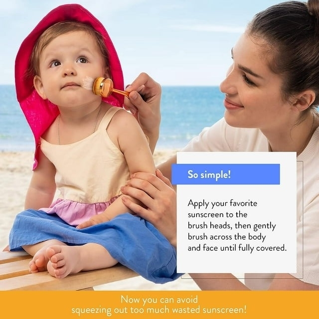 Woman applies sunscreen to child with brush; ad text for sunscreen application method