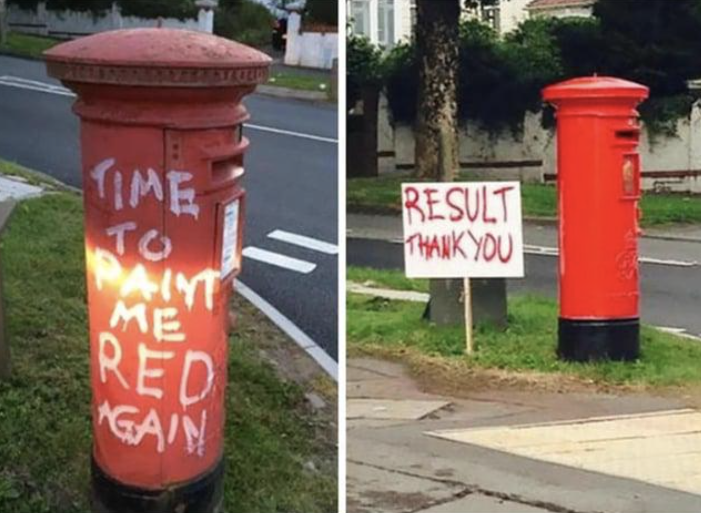 Two images: a red post box with &quot;TIME TO PAINT ME RED AGAIN&quot; and another with &quot;RESULT THANK YOU&quot; sign after repaint