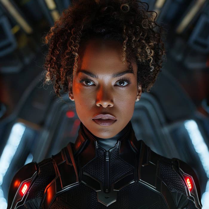 Black Black Widow in sci-fi armor, intense gaze, futuristic backdrop
