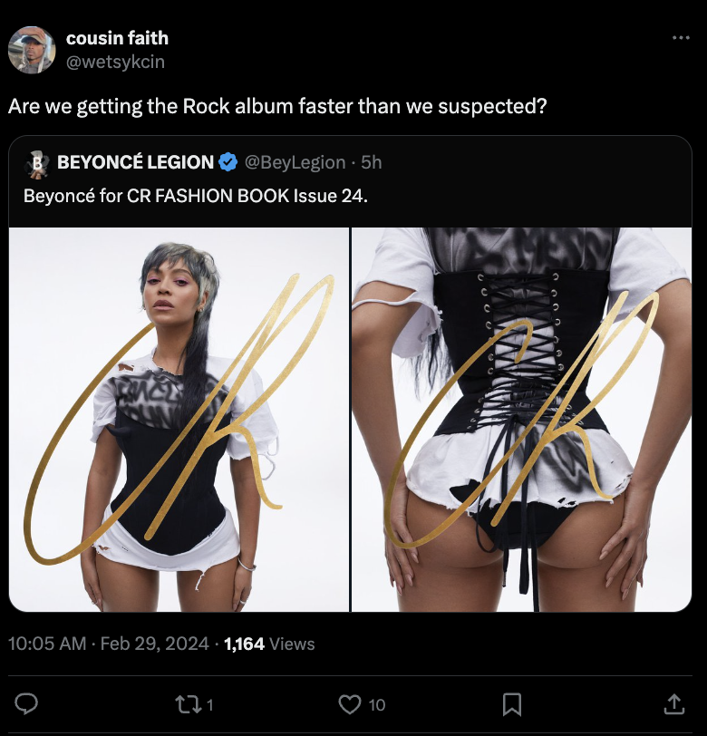 Tweet featuring two images of Beyoncé wearing a black and white corset top and shorts, promoting CR Fashion Book Issue 24